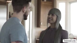 Handsome dude visits the house of hes bestfriend and he meets his TS girlfriend.After that,they get horny and start kissing in the kitchen.Next is,he sucks her hard shecock passionately and bareback fucks her wet ass so hard.