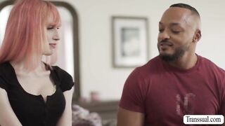 Black stepbro and his pink haired TS stepsis are on the bed kissing each other.After that,he lets her suck his cock before he fucks her ass.