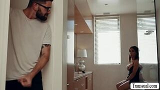 Horny shemale caught her pervert stepson watching her in the bathroom.Instead of getting mad,she lets him bareback her wet ass so hard.