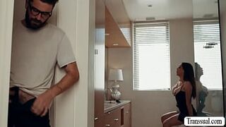 Busty shemale stepmom caught her stepson watching while shes masturbating in the bathroom.Instead of getting mad,she lets him bareback her ass.