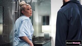 Big tits trans Aubrey Kate calls a plumber to fix her shower and the tgirl bends over to show him the toy in her ass.He rims the ts and barebacks her