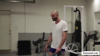 Bald dude cant resist the hotness of shemale in gym.After that,he licks her ass first and he then bareback fucks it so deep and hard.