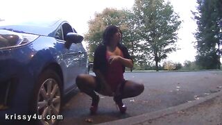 T-Girl public dildo in front of moving trucks n cars