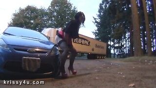 T-Girl public dildo in front of moving trucks n cars