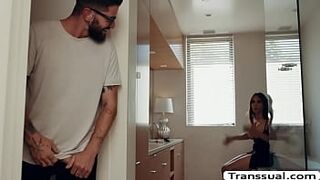 Horny shemale is in the bathroom fixing her self and suddenly,she gets horny and start masturbating her hard shecock.Her stepson watches her and she then calls her and throats his big cock and lets him fuck her wet ass.