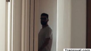 Horny shemale is in the bathroom fixing her self and suddenly,she gets horny and start masturbating her hard shecock.Her stepson watches her and she then calls her and throats his big cock and lets him fuck her wet ass.