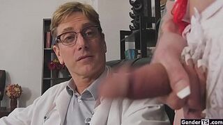 Tgirl nurse Chelsea Marie has applied for a better position and shows her chief doctor what she can bring extra.She takes out her big cock and facefucks him.She gives him a bj and is anal reamed