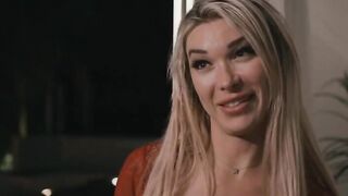 Busty blonde shemale tells her boyfriend that she wants to know their new neighbor.They go into their neighbors house and knows each other.After that,when they go home,she starts throating her boyfriends cock and she then fucks her boyfriends ass.